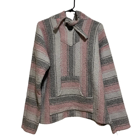 Pink and Gray Striped Baja Hooded Pullover Poncho Drug Rug Size Large - Picture 1 of 5